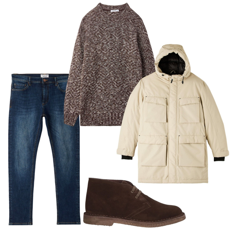 Outfit uomo - Il pull over melange. Stile Trendy per Tutti i giorni. Abbinamento con stivali e stivaletti, maglieria, parka, jeans skinny.