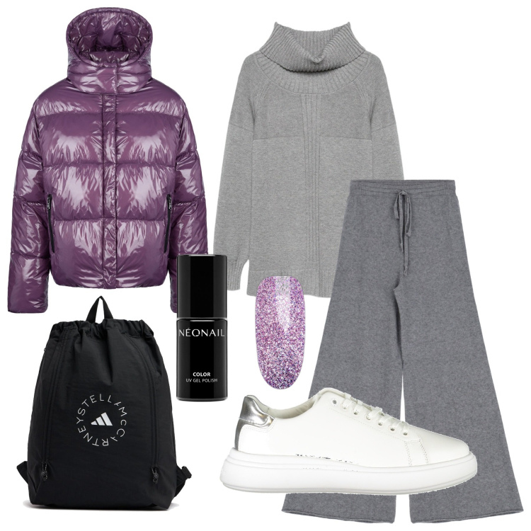 Outfit donna - Glossy Violet. Stile Glamour per Tutti i giorni. Abbinamento con smalti, pantaloni, blazer, maglieria, sneakers, zaini.