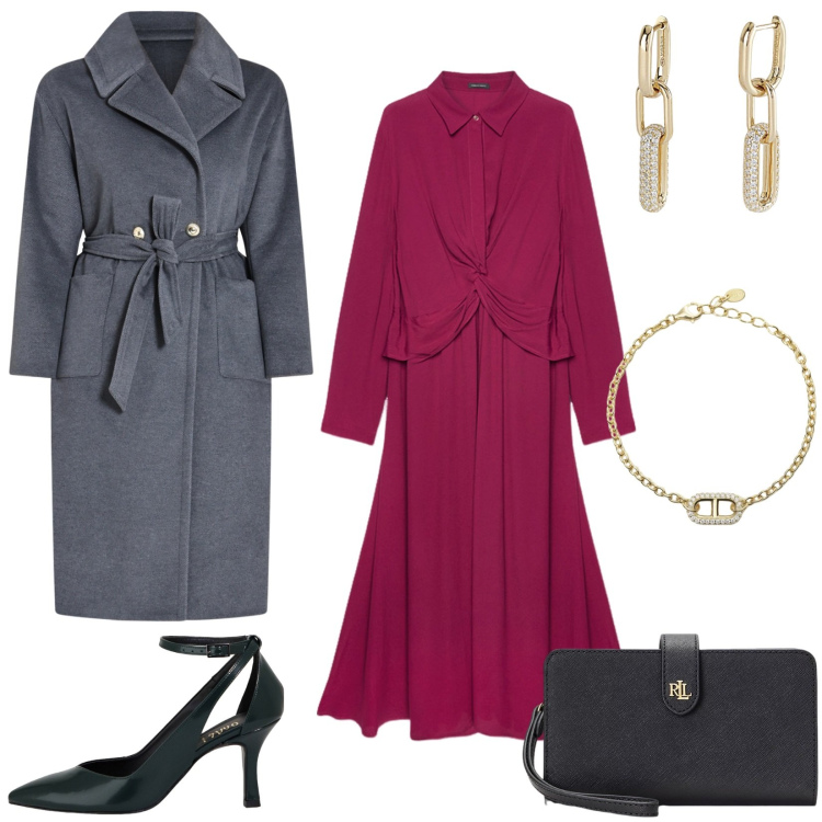 Outfit donna - L\'abito color borgogna. Stile Chic per Serata fuori. Abbinamento con décolleté, orecchini, braccialetti, cappotti, vestiti lunghi, pochette.
