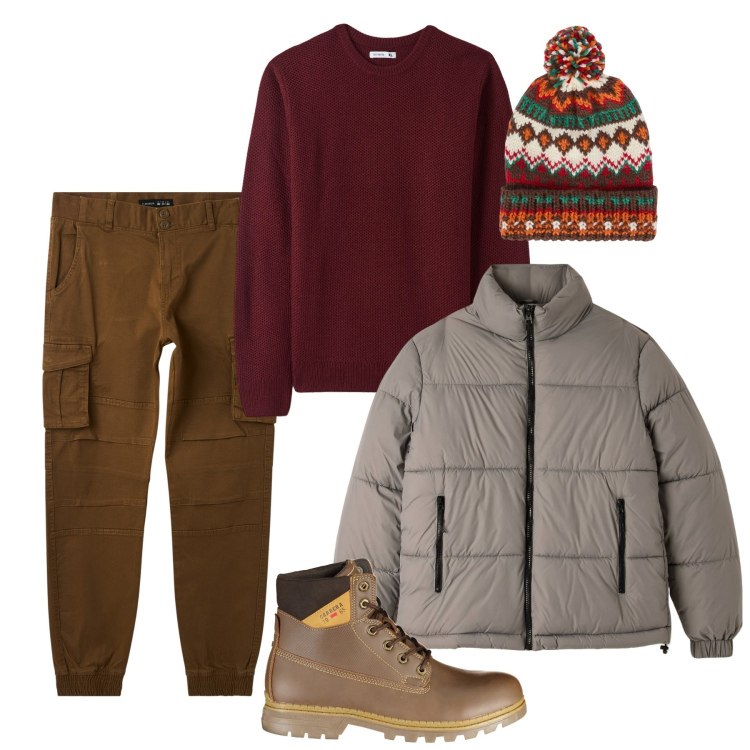 Outfit uomo - Gennaio in cargo. Stile Urban per Tutti i giorni. Abbinamento con piumini, maglieria, pantaloni cargo, berretti, stivali.