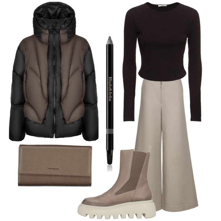 Outfit donna - Total look #2032466. Stile Trendy per Tutti i giorni. Abbinamento con stivaletti, eyeliner, piumini, t-shirt, pantaloni, portafogli.