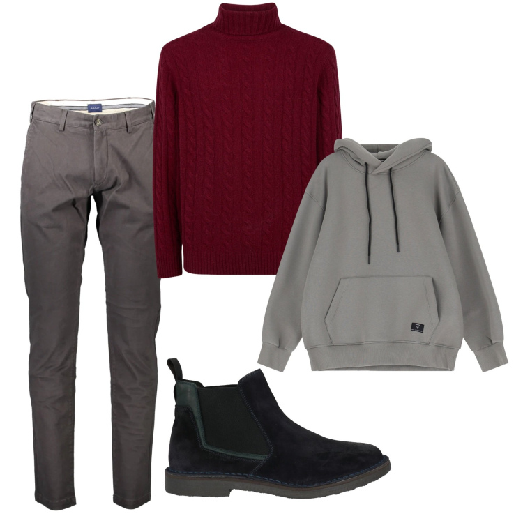 Outfit uomo - A collo alto sotto la felpa. Stile Trendy per Tutti i giorni. Abbinamento con stivali e stivaletti, felpe con cappuccio, maglieria, pantaloni.