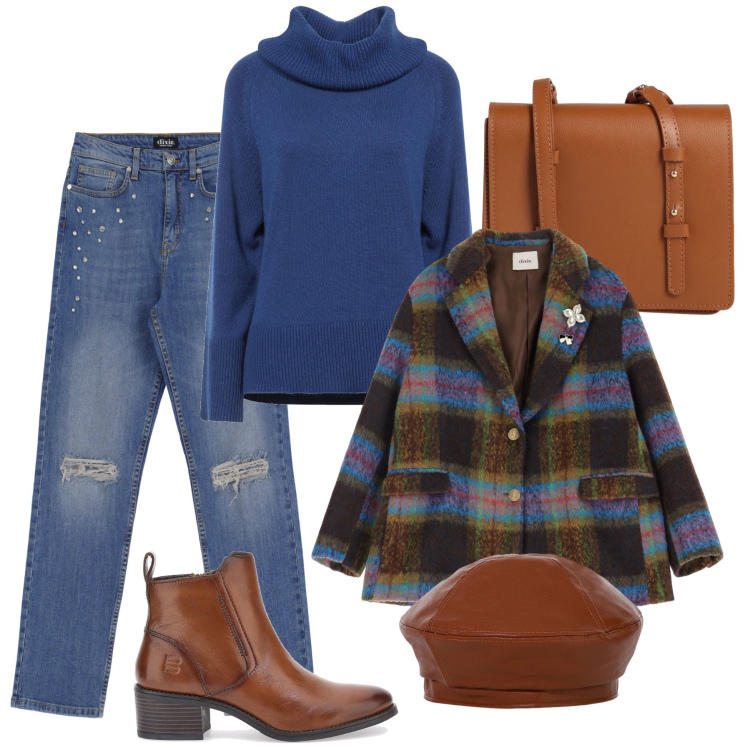Outfit donna - Giacca in primo piano. Stile Casual per Tutti i giorni. Abbinamento con borse a tracolla, maglieria, cappelli e berretti, blazer, jeans strappati, stivaletti.