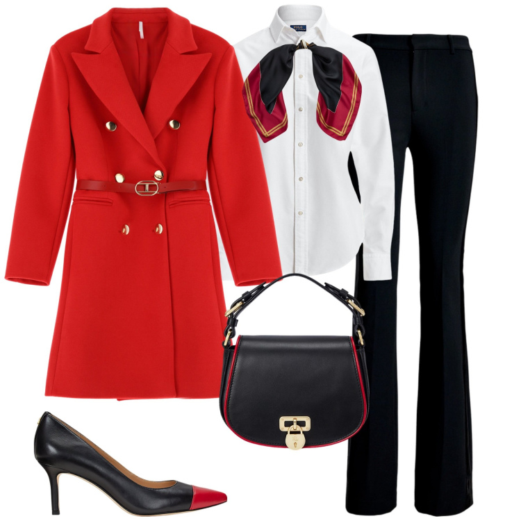 Outfit donna - Red passion. Stile Chic per Tutti i giorni. Abbinamento con cappotti, camicie, pantaloni, foulard, borse a tracolla, décolleté.