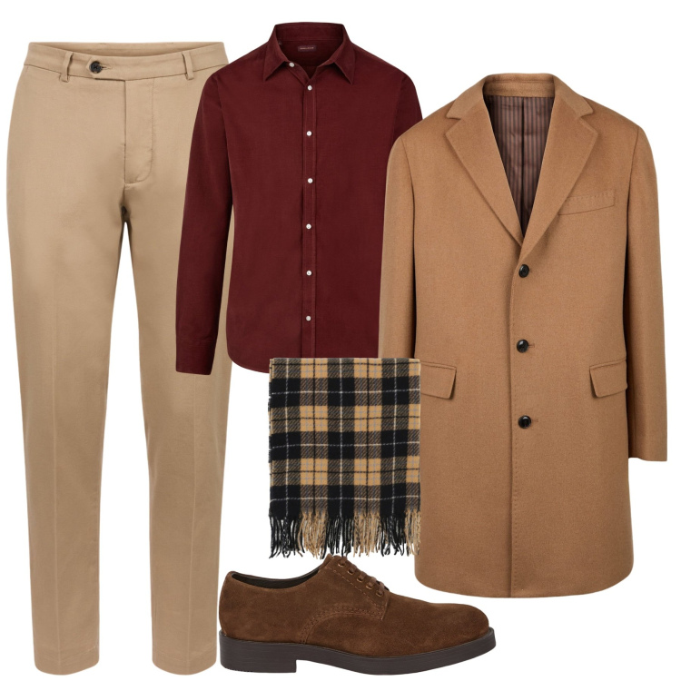 Outfit uomo - Trends. Stile Trendy per Tutti i giorni. Abbinamento con sciarpe, cappotti, camicie, pantaloni, scarpe stringate.