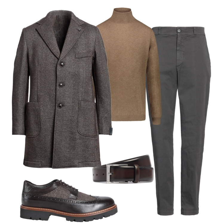 Outfit uomo - In centro. Stile Business/Elegante per Tutti i giorni. Abbinamento con cappotti, pantaloni chino, scarpe stringate, maglieria, cinture.