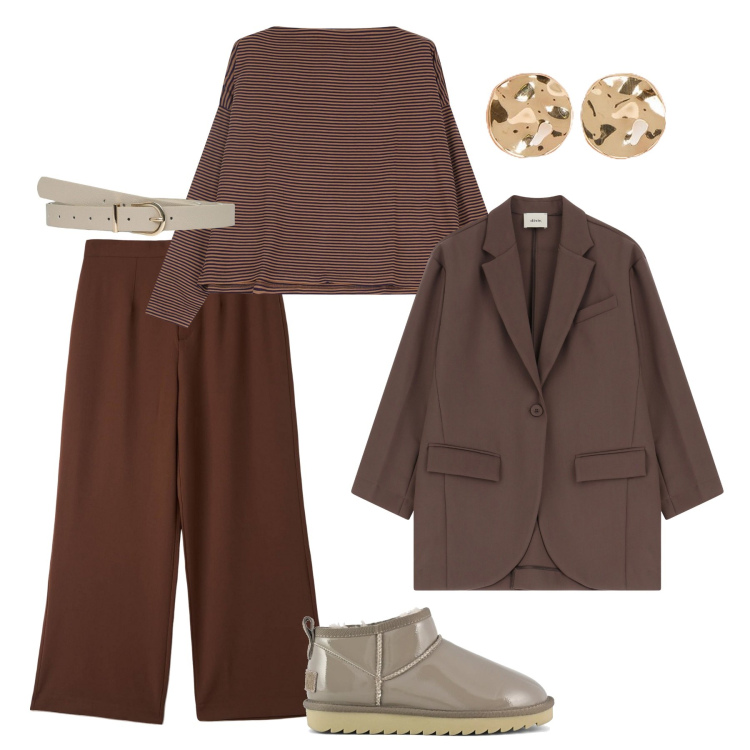 Outfit donna - Brown passion. Stile Sporty chic per Tutti i giorni. Abbinamento con pantaloni, cinture, blazer, maglieria, stivali, orecchini.