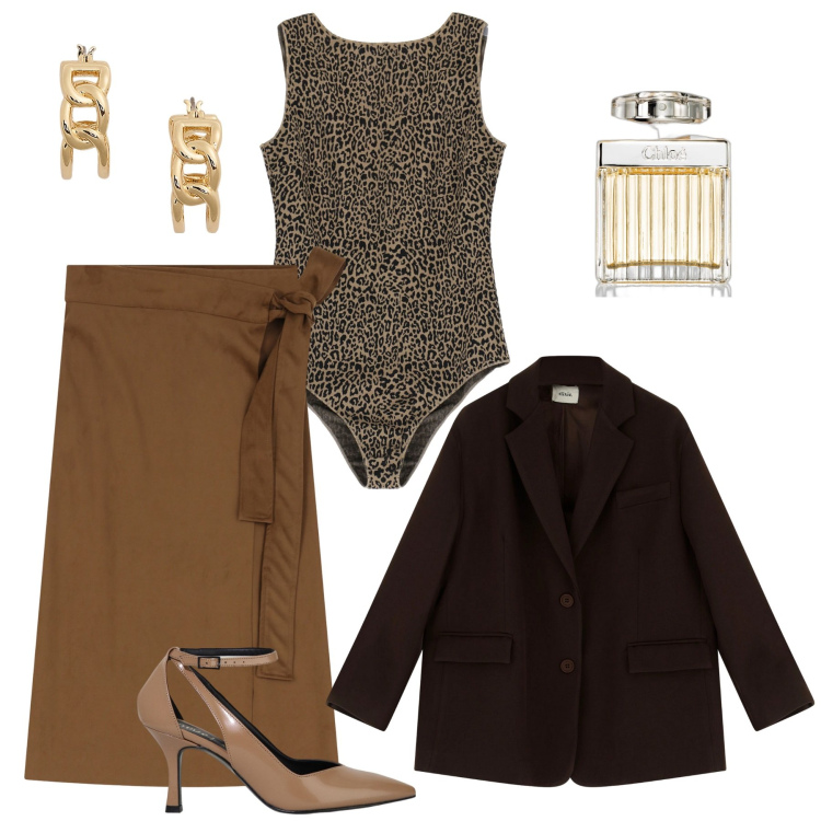 Outfit donna - C\'est chic. Stile Chic per Ufficio. Abbinamento con profumi, body, gonne longuette, décolleté, blazer, orecchini.