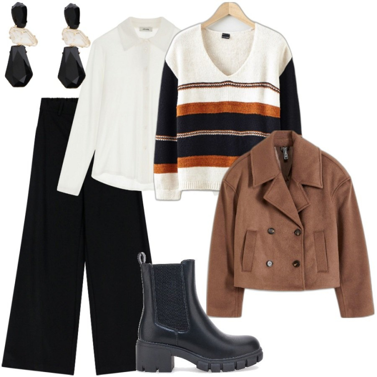 Outfit donna - Ritorno in ufficio. Stile Casual chic per Ufficio. Abbinamento con maglieria, caban, camicie, pantaloni a palazzo, orecchini, stivaletti chelsea.