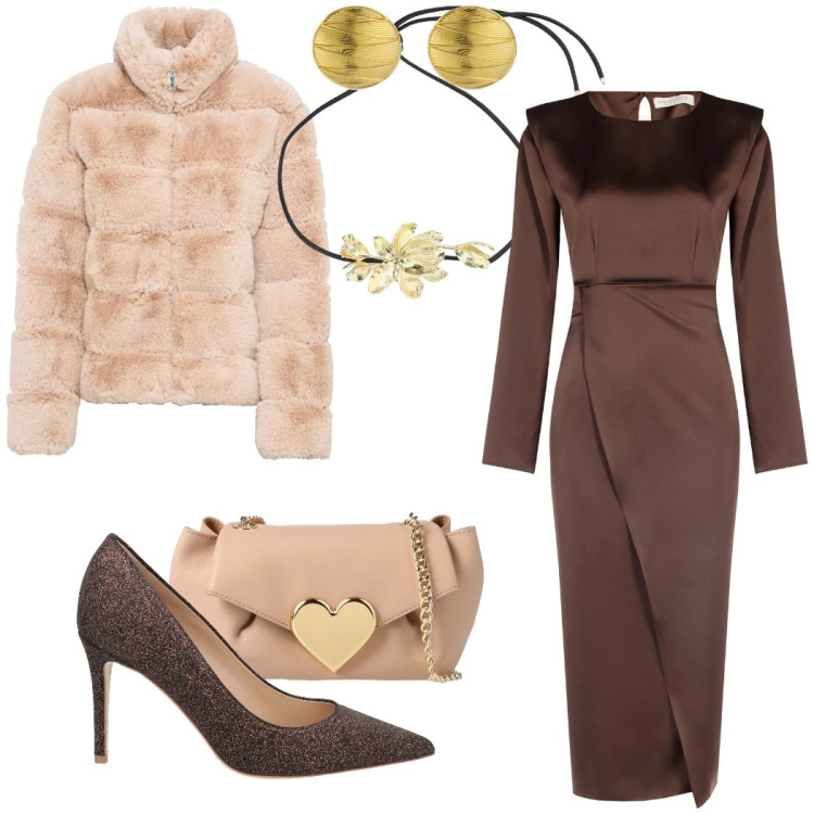 Outfit donna - L\'amica della sposa. Stile Chic per Cerimonia. Abbinamento con ecopellicce, borse a tracolla, décolleté, collane, vestiti midi/longuette, orecchini.