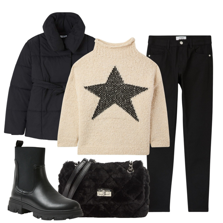 Outfit donna - Big star. Stile Basic per Tutti i giorni. Abbinamento con pantaloni skinny, maglieria, borse a spalla, piumini, stivaletti chelsea.