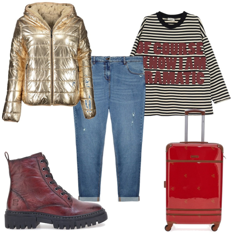 Outfit donna - Total look #2032567. Stile Trendy per Tutti i giorni. Abbinamento con maglieria, anfibi, jeans strappati, valigie, piumini.