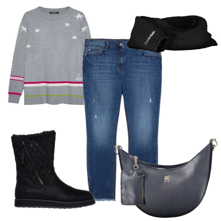 Outfit donna - Total look #2032570. Stile Trendy per Tutti i giorni. Abbinamento con maglieria, jeans strappati, stivaletti, borse a spalla, sciarpe.