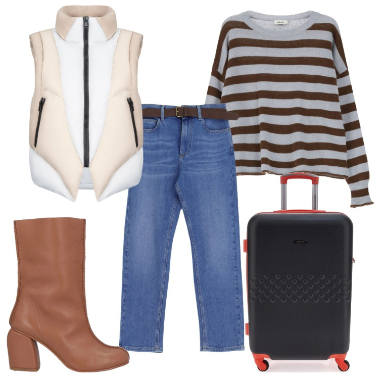Outfit donna - Total look #2032571. Stile Trendy per Tutti i giorni. Abbinamento con stivaletti, jeans dritti, maglieria, piumini, valigie.