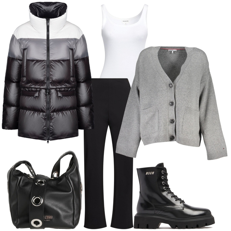 Outfit donna - Strati. Stile Casual per Tutti i giorni. Abbinamento con canottiere, borse a tracolla, piumini, stivali, cardigans, pantaloni.