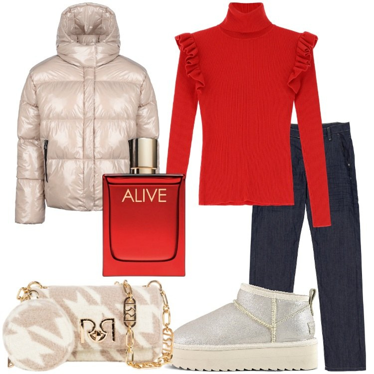 Outfit donna - Red passion. Stile Casual chic per Tutti i giorni. Abbinamento con profumi, borse a tracolla, jeans dritti, maglieria, blazer, stivaletti.