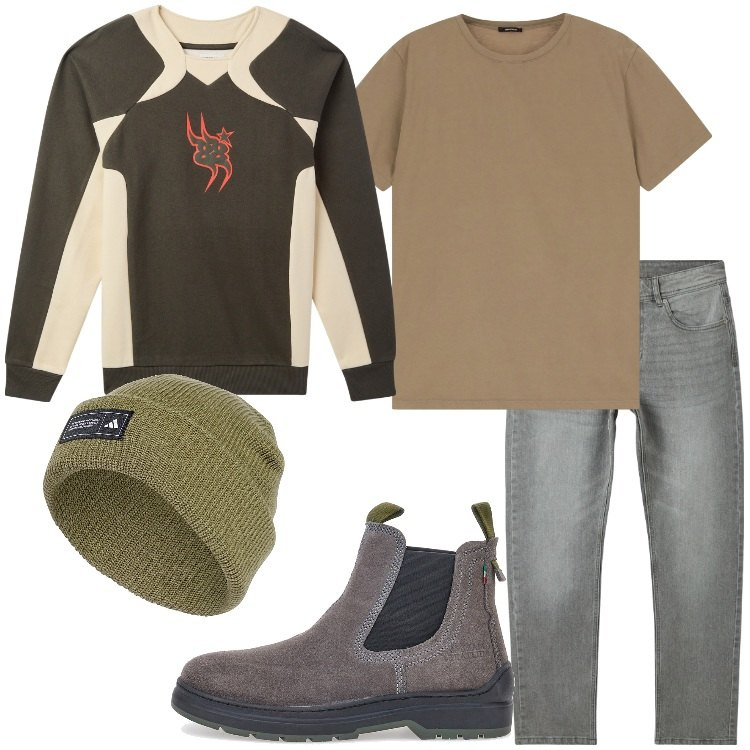Outfit uomo - Winter. Stile Casual per Tutti i giorni. Abbinamento con jeans, felpe, t-shirt, stivali e stivaletti, berretti.