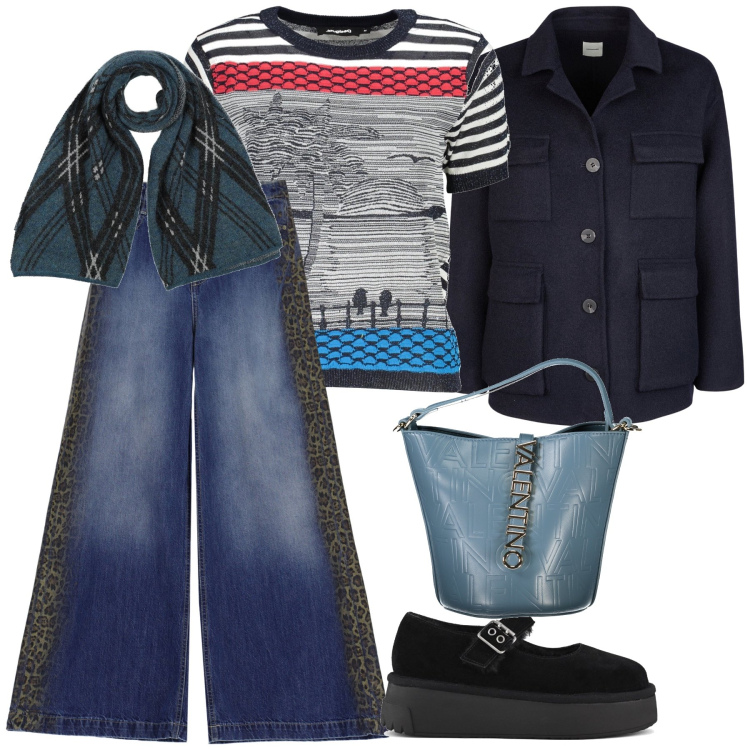 Outfit donna - Mattina a spasso. Stile Casual chic per Tutti i giorni. Abbinamento con sciarpe, jeans, décolleté, maglieria, cappotti, borse a mano.