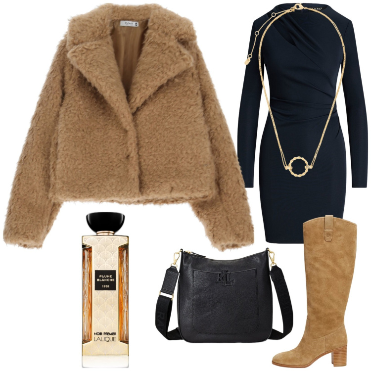 Outfit donna - Comfort ed eleganza. Stile Casual chic per Tutti i giorni. Abbinamento con profumi, blazer, vestiti, borse a tracolla, stivali, ciondoli.