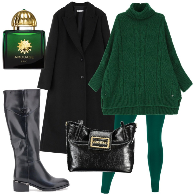 Outfit donna - Il maxi pull verde. Stile Casual per Tutti i giorni. Abbinamento con profumi, maglieria, cappotti, pantaloni skinny, stivali, borse a spalla.