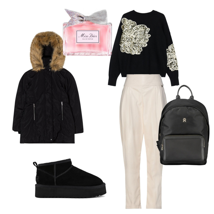 Outfit donna - Mi vesto comoda. Stile Casual per Tutti i giorni. Abbinamento con pantaloni, profumi, parka, maglieria, stivaletti, zaini.