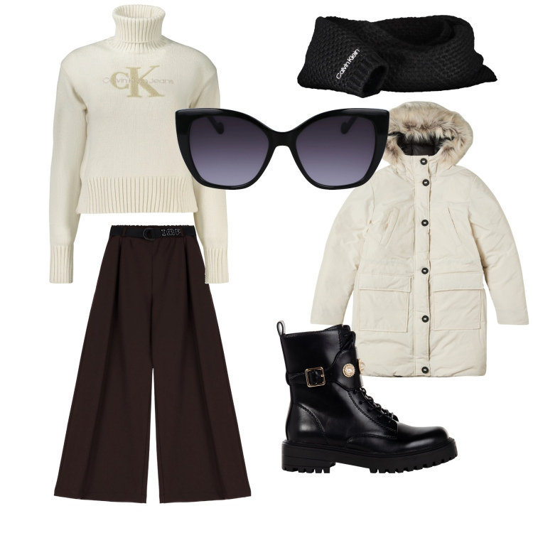 Outfit donna - In città. Stile Casual per Tutti i giorni. Abbinamento con parka, anfibi, pantaloni, maglieria, occhiali da sole, sciarpe.