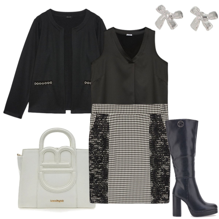 Outfit donna - Gli orecchini fiocchetto. Stile Bon Ton per Serata fuori. Abbinamento con orecchini, top, gonne, stivali, blazer, borse a tracolla.
