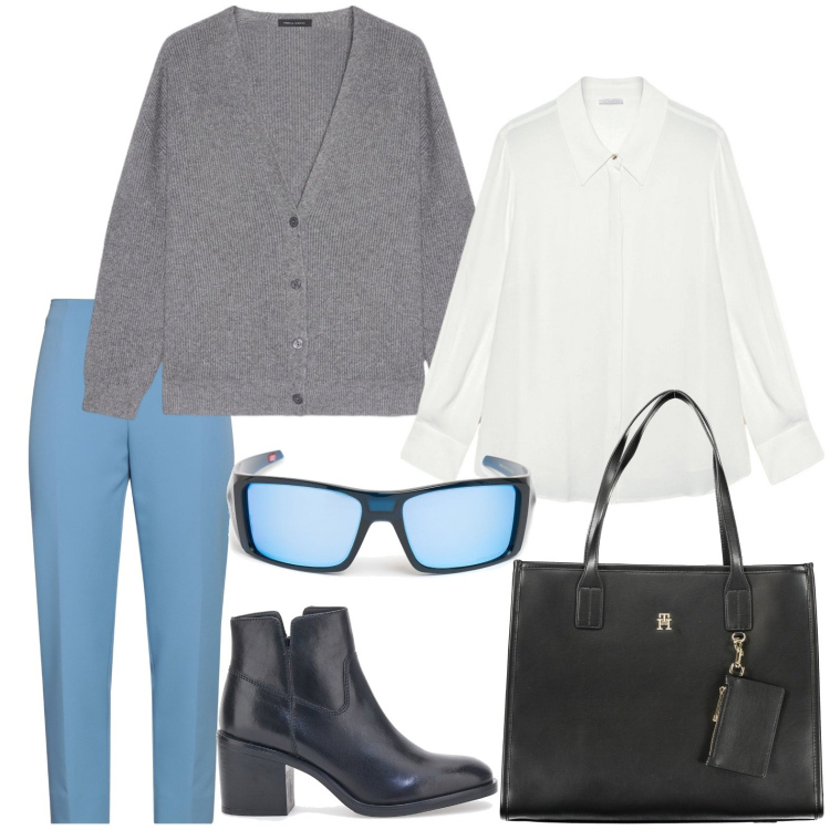 Outfit donna - Bon ton. Stile Bon Ton per Ufficio. Abbinamento con pantaloni, stivaletti texani, camicie, cardigans, occhiali da sole, borse a spalla.