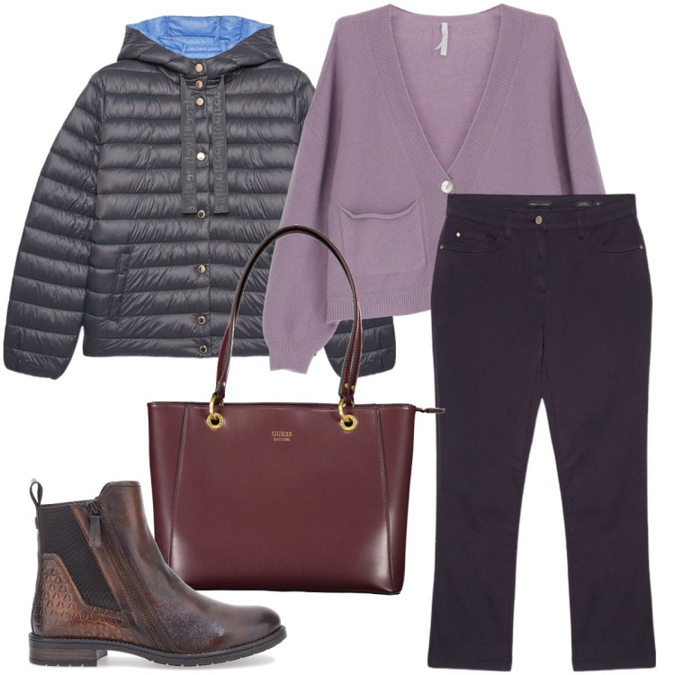 Outfit donna - In giro per saldi. Stile Casual per Tutti i giorni. Abbinamento con cardigans, stivaletti chelsea, pantaloni, piumini, borse a spalla.
