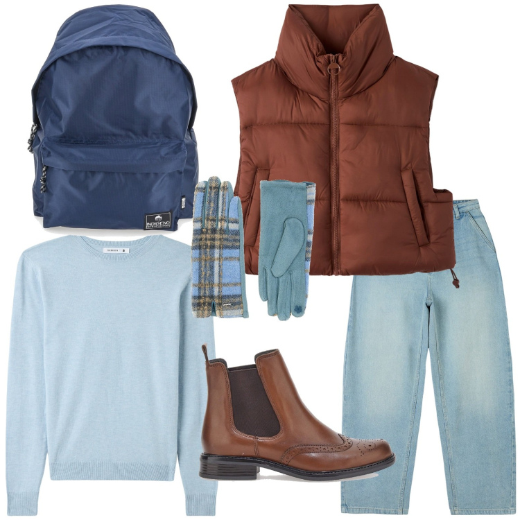 Outfit donna - Appuntamento al parco. Stile Casual per Tutti i giorni. Abbinamento con jeans, piumini, maglieria, stivaletti chelsea, guanti, zaini.