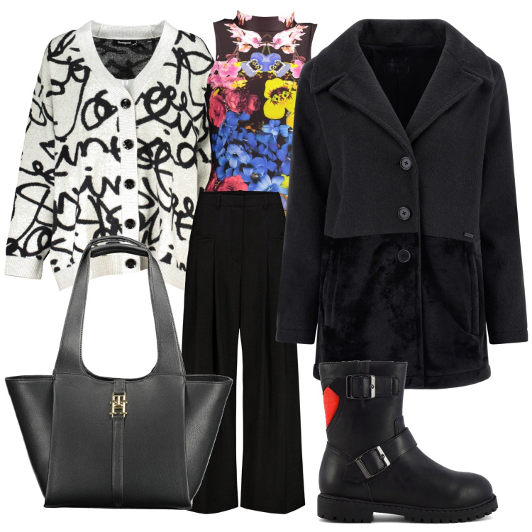 Outfit donna - Total look #2032639. Stile Casual chic per Ufficio. Abbinamento con cappotti, stivaletti, cardigans, body, borse a spalla, pantaloni.
