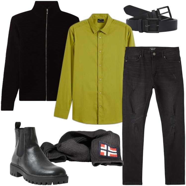 Outfit uomo - La camicia verde acido. Stile Urban per Serata speciale. Abbinamento con camicie, cardigans, stivali e stivaletti, jeans strappati, cinture, sciarpe.