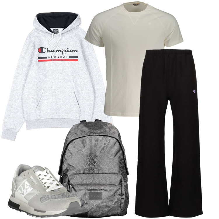 Outfit uomo - Mi rimetto in forma. Stile Casual per Sport. Abbinamento con felpe con cappuccio, t-shirt, sneakers, borse sportive, pantaloni.