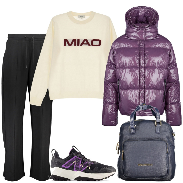 Outfit donna - Stilosa e dinamica. Stile Basic per Scuola/Università. Abbinamento con sneakers, maglieria, blazer, zaini, pantaloni.