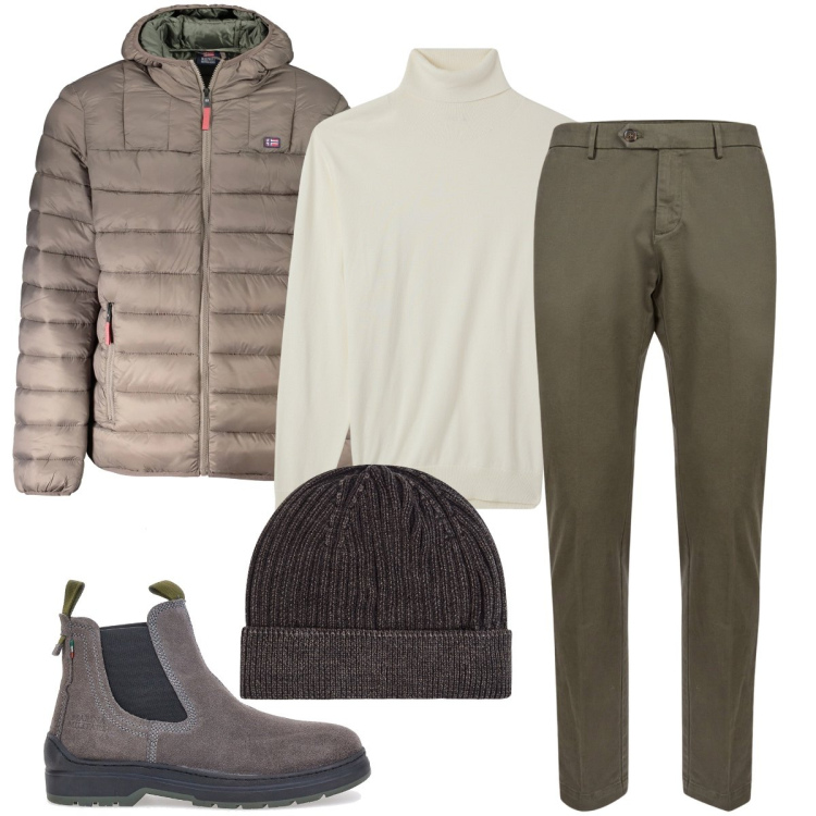 Outfit uomo - Il dolcevita bianco. Stile Business/Elegante per Ufficio. Abbinamento con maglieria, berretti, pantaloni chino, stivali e stivaletti, giacche.