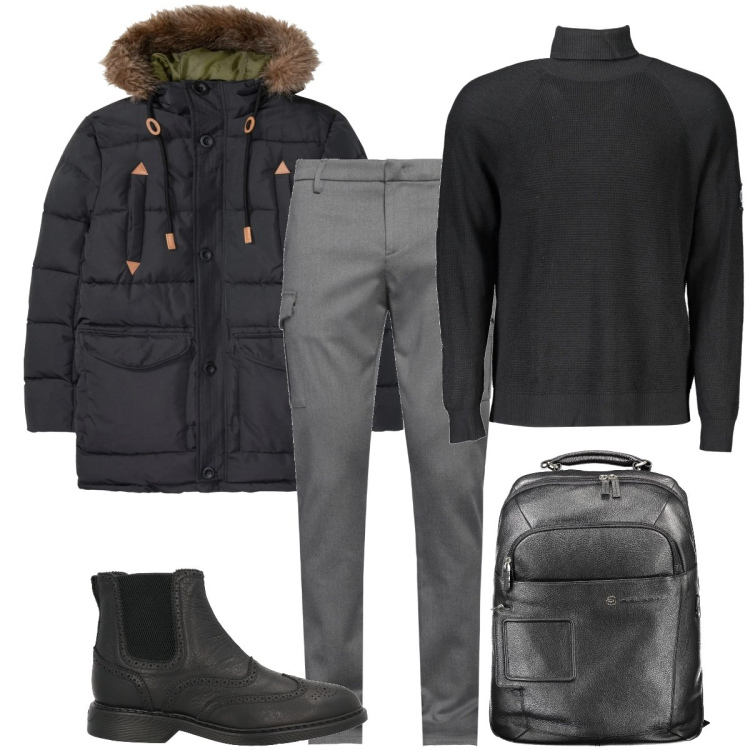 Outfit uomo - In ufficio. Stile Business/Elegante per Ufficio. Abbinamento con giacche, stivali e stivaletti, pantaloni cargo, borse sportive, maglieria.