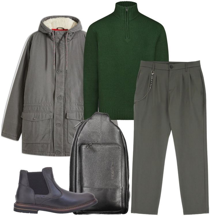 Outfit uomo - Il dolcevita verde. Stile Business/Elegante per Serata speciale. Abbinamento con parka, pantaloni, stivali e stivaletti, borse sportive, maglieria.