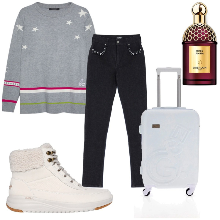 Outfit donna - Total look #2032665. Stile Trendy per Tutti i giorni. Abbinamento con profumi, jeans, stivaletti, maglieria, valigie.