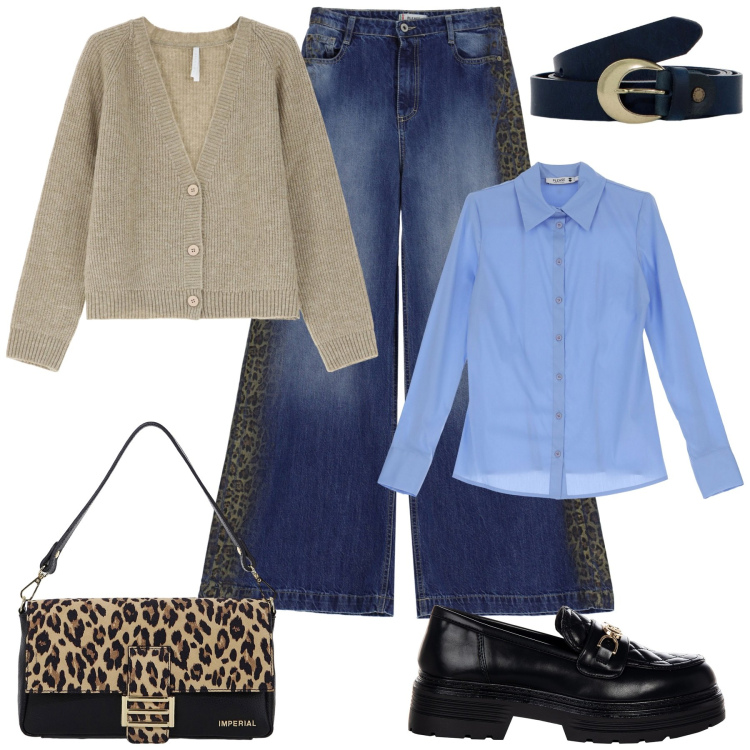 Outfit donna - New year. Stile Casual chic per Tutti i giorni. Abbinamento con camicie, jeans, mocassini, borse a spalla, cardigans, cinture.