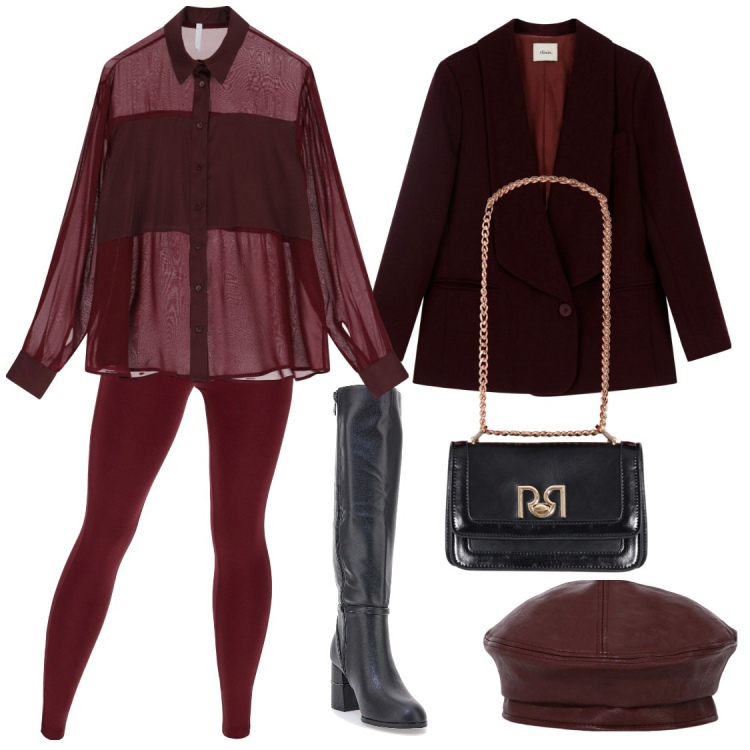 Outfit donna - Tris bordeaux. Stile Casual per Tutti i giorni. Abbinamento con borse a tracolla, camicie, pantaloni skinny, cappelli e berretti, blazer, stivali.