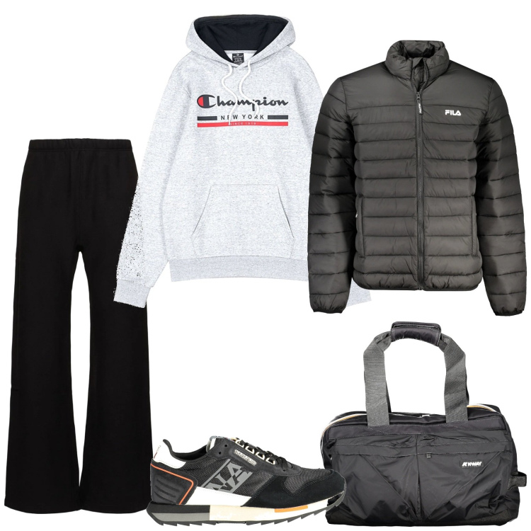 Outfit uomo - Ricomincio con lo sport. Stile Casual per Sport. Abbinamento con felpe con cappuccio, sneakers, borse sportive, giacche, pantaloni.