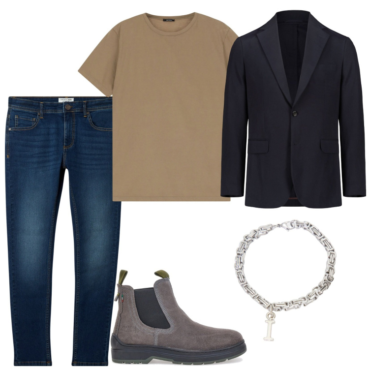 Outfit uomo - My boy. Stile Trendy per Tutti i giorni. Abbinamento con jeans skinny, t-shirt, braccialetti, stivali e stivaletti, giacche.