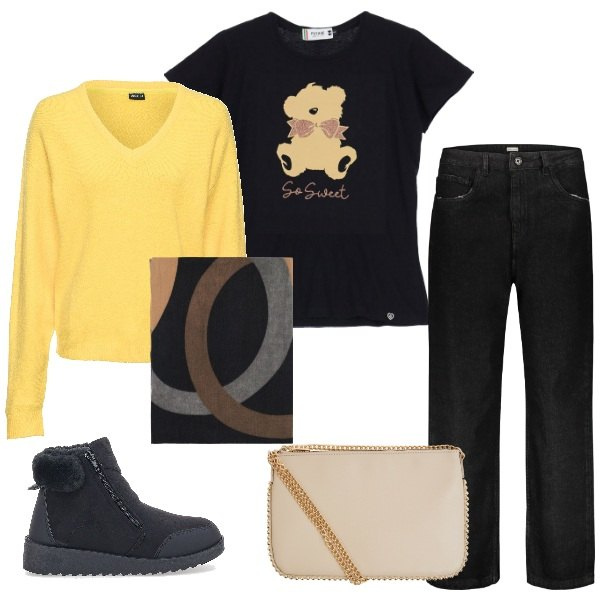 Outfit donna - Pullover giallo morbido. Stile Urban per Ufficio. Abbinamento con maglieria, borse a tracolla, t-shirt, foulard, jeans, stivali da neve.