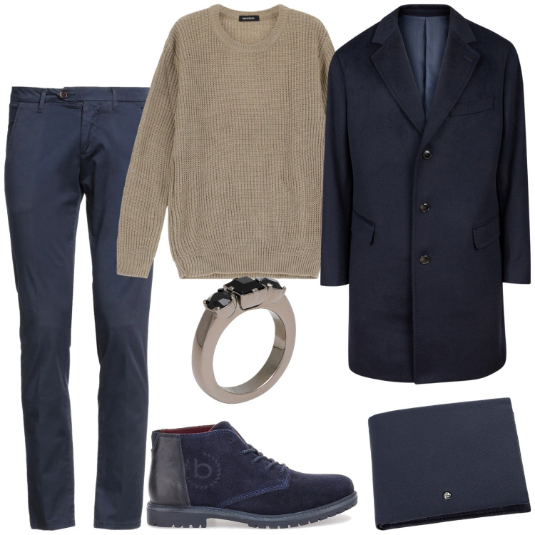 Outfit uomo - Effetto wow. Stile Trendy per Serata speciale. Abbinamento con pantaloni, anelli, maglieria, portafogli, scarpe stringate, cappotti.