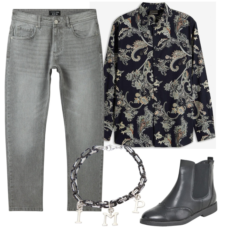 Outfit uomo - Grigio e nero. Stile Casual per Tutti i giorni. Abbinamento con camicie, stivali e stivaletti, jeans, braccialetti.