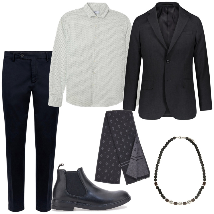 Outfit uomo - A pranzo insieme. Stile Business/Elegante per Serata speciale. Abbinamento con camicie, collane, stivali e stivaletti, giacche, pantaloni chino, sciarpe.