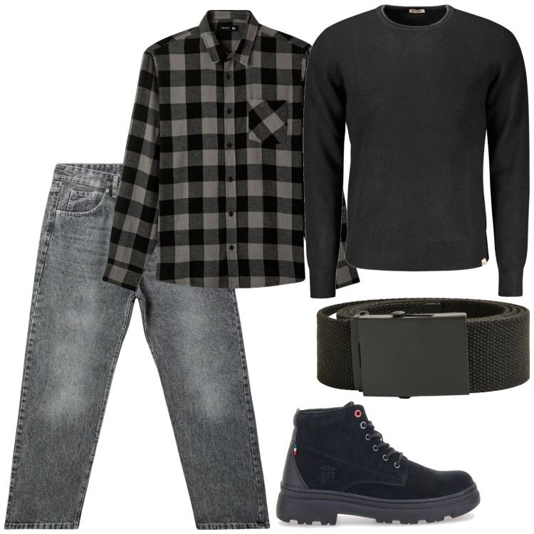 Outfit uomo - Total look #2032691. Stile Casual per Tutti i giorni. Abbinamento con camicie, jeans, cinture, stivali e stivaletti, maglieria.