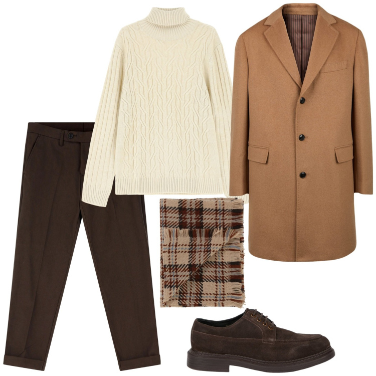Outfit uomo - Total look #2032694. Stile Trendy per Tutti i giorni. Abbinamento con sciarpe, pantaloni chino, maglieria, cappotti, scarpe stringate.
