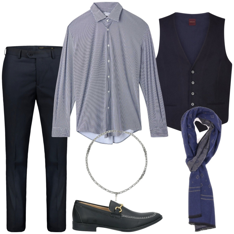 Outfit uomo - Sofisticato. Stile Business/Elegante per Cerimonia. Abbinamento con scarpe stringate, camicie, collane, gilet, pantaloni, sciarpe.
