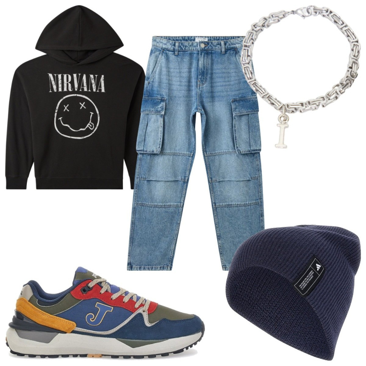 Outfit uomo - Total look #2032709. Stile Urban per Tutti i giorni. Abbinamento con felpe con cappuccio, jeans, braccialetti, sneakers, berretti.
